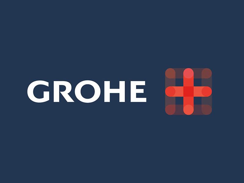 GROHE+ Logo auf dunkelblauem Hintergrund.